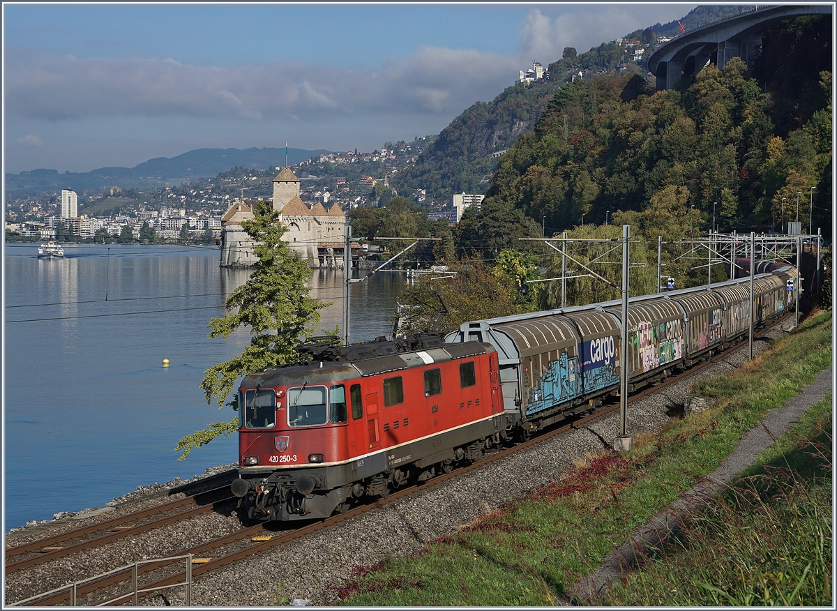 Die Re 420 250-3 mit einem Güterzug bei Villeneuve, im Hintergrund das Château de Chillon und ein ankommende Dampfschiff  Italie .

8. Okt. 2018