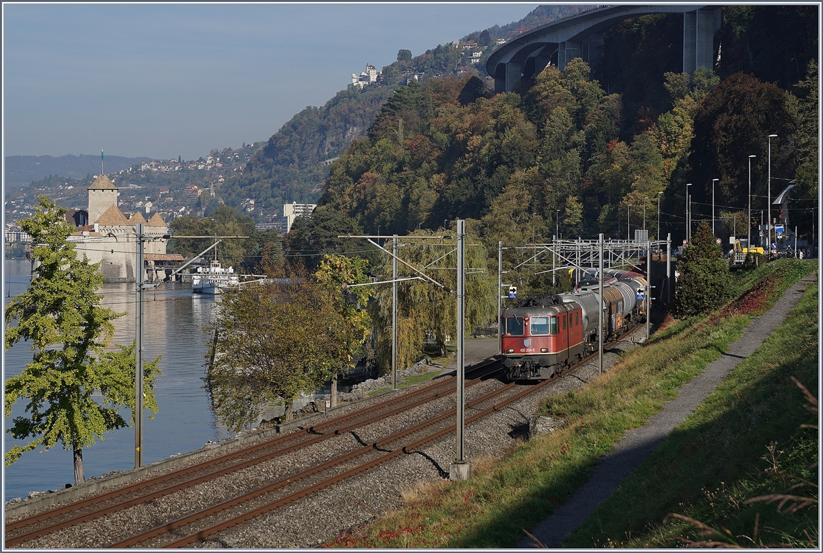 Die SBB Re 420 254-5 mit einem Güterzug Richtung Wallis, im Hintergrund das Château de Chillon und etwa versteckt eine Dampfschiff.

18. Okt. 2018