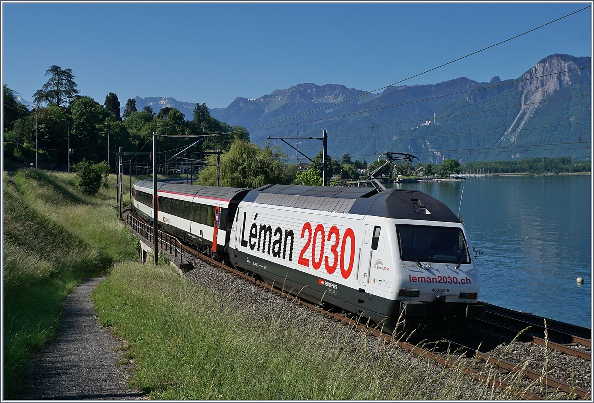 Die SBB Re 460 075-5  Léman 2030  mit ihrem IR 1713 auf dem Weg nach Brig kurz vor Villeneuve.

21. Mai 2020