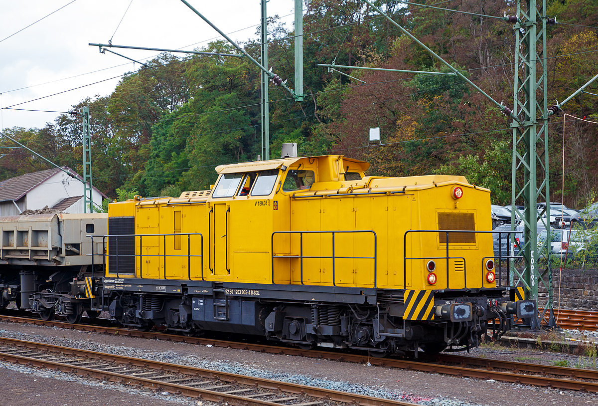 
Die V 180.08 (92 80 1203 005-4 D-SGL) der GSG Knape GmbH (eingestellt durch SGL - Schienen Güter Logistik GmbH, die wiederum zur Knape Gruppe gehört) steht am 15.09.2018 mit Zweiseitenkippwagen der Gattung Fas im Bahnhof Au (Sieg).

Die V 100.1 wurde 1973 bei LEW (VEB Lokomotivbau Elektrotechnische Werke „Hans Beimler“, Hennigsdorf) unter der Fabriknummer 13887 gebaut und als 110 569-1 an die DR ausgeliefert. 

Weiterer Lebenslauf:
1983 Umbau in DR 112 569-9
1992 Umzeichnung in DR 202 569-0
1998 Ausmusterung als DB 202 569-0
1999 an SFZ - Schienenfahrzeugzentrum Stendal (und Umbau)
2002 an EBM Gummersbach als EBM 203 004-7
2004 an ALS - ALSTOM Lokomotiven Service GmbH, Stendal
2006 an A.V.G. 203 004-7  Uschi 
2009 wieder an ALS nun vergabe der NVR 92 80 1203 005-4 D-ALS
Seit 2010 an GSG Knape GmbH, Kirchheim als V 180.08