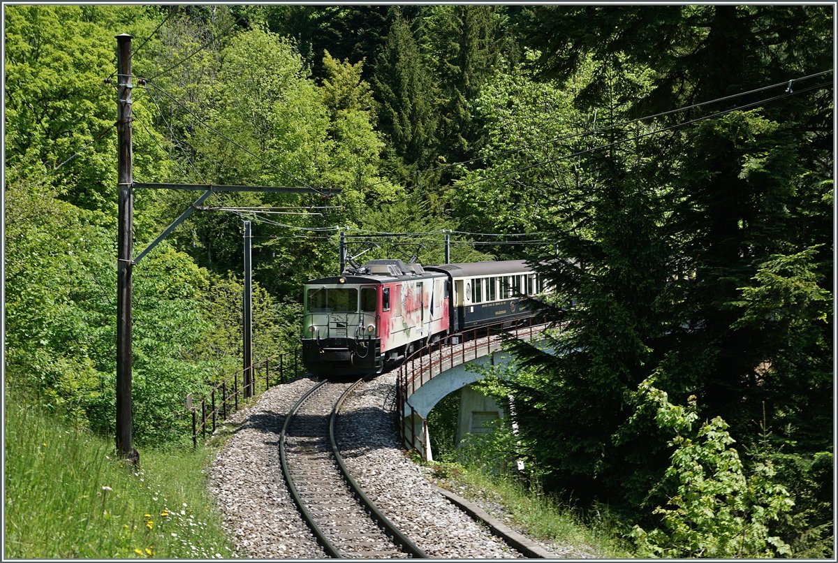Die vor Jahen recht lichte Fotostelle bei Sendy-Sollard ist in der Zwischenzeit recht zugewachsen. Die MOD GDe 4/4  Aigle Les Murailles  ist mit dem Classic Golden Pass N° 2217 auf der Fahrt nach Montreux.
25. Mai 2016