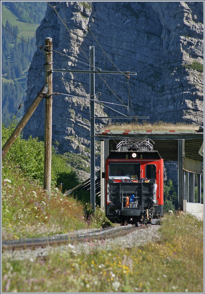 Ein Telebild der Hem 2/2 N° 12 der Rochers de Naye Bahn mit ein  Gepäckwagen  auf der Fahrt Richtung Gipfel kurz nach Jaman.
1. Juli 2018