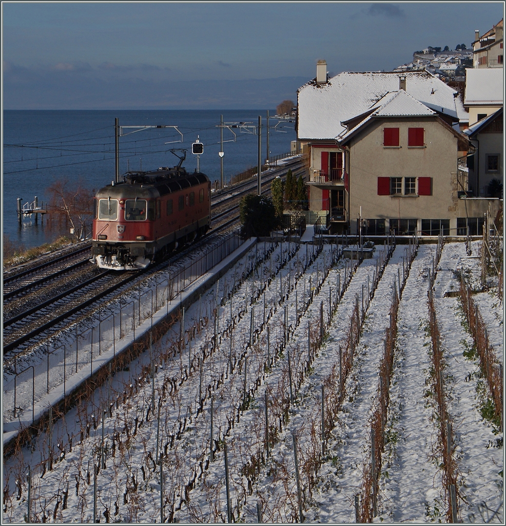 Etwas Sonne und wenige Schnee reichten knapp um endlich das Thema  Sonniges Lavaux im Winterkleid  zumindest andeutungsweise zu verwirklichen. 
Das Bild zeigt die Re 6/6 11639 bei St-Saphorin.
30. Dez. 2014