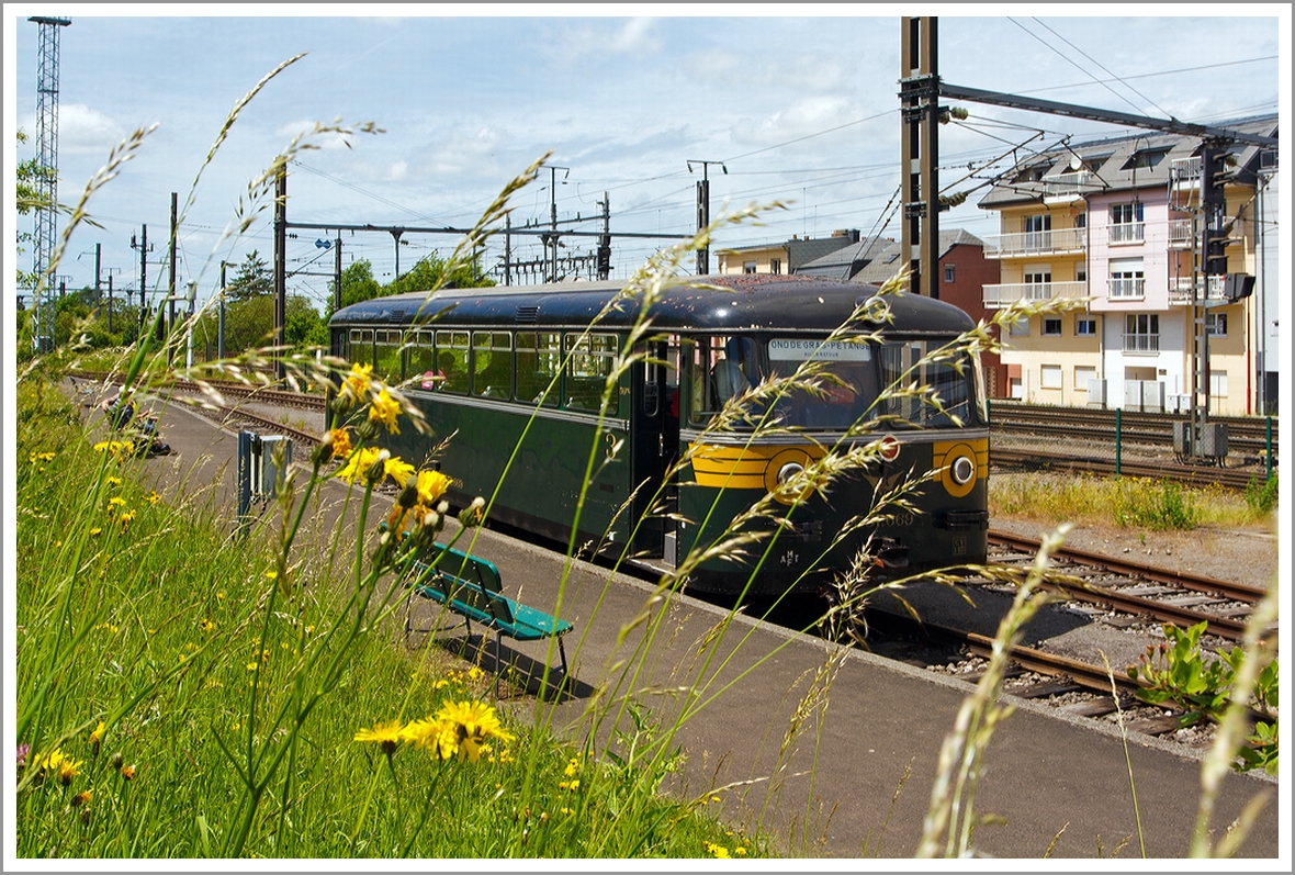 Faszination Museumsbahn -  Train 1900 
...nur etwas verdeckt

Der Uerdinger Schienenbus 551.669 (ex  Chemin de fer des trois Vallées, Mariembourg, Belgien), ex DB 795 669-1, ex VT95 9669 steht am 16.06.2013 in Pétange (Péiteng)zur nächten Abfahrt nach Fond-de-Gras bereit.

