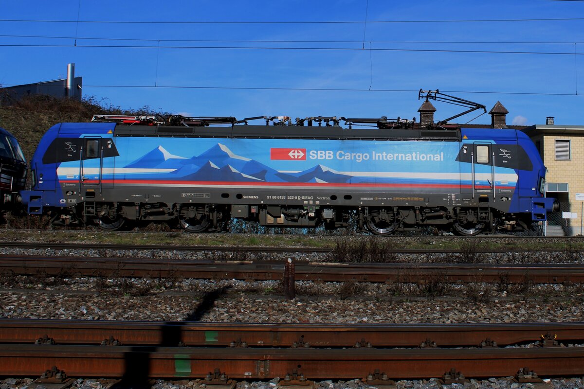 Flankblickvergleich am 13 Februar 2024 in Pratteln: die blaue SBBCI 193 522. 