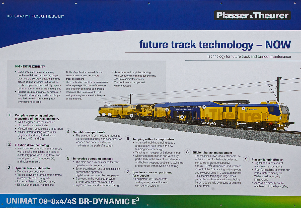 future track technology – NOW
Schautafel der Plasser & Theurer UNIMAT 09-8x4/4S BR Dynamic E³, eine innovative Kombination aus Weichen- und Streckenstopfmaschine mit Planierkapazität und dynamischem Gleisstabilisator, präsentiert auf der iaf 2022 in Münster (hier am 31.05.2022). Eine mächtig lange neue Weichen- und Gleisinstandhaltungsmaschine, die vieles kann.
