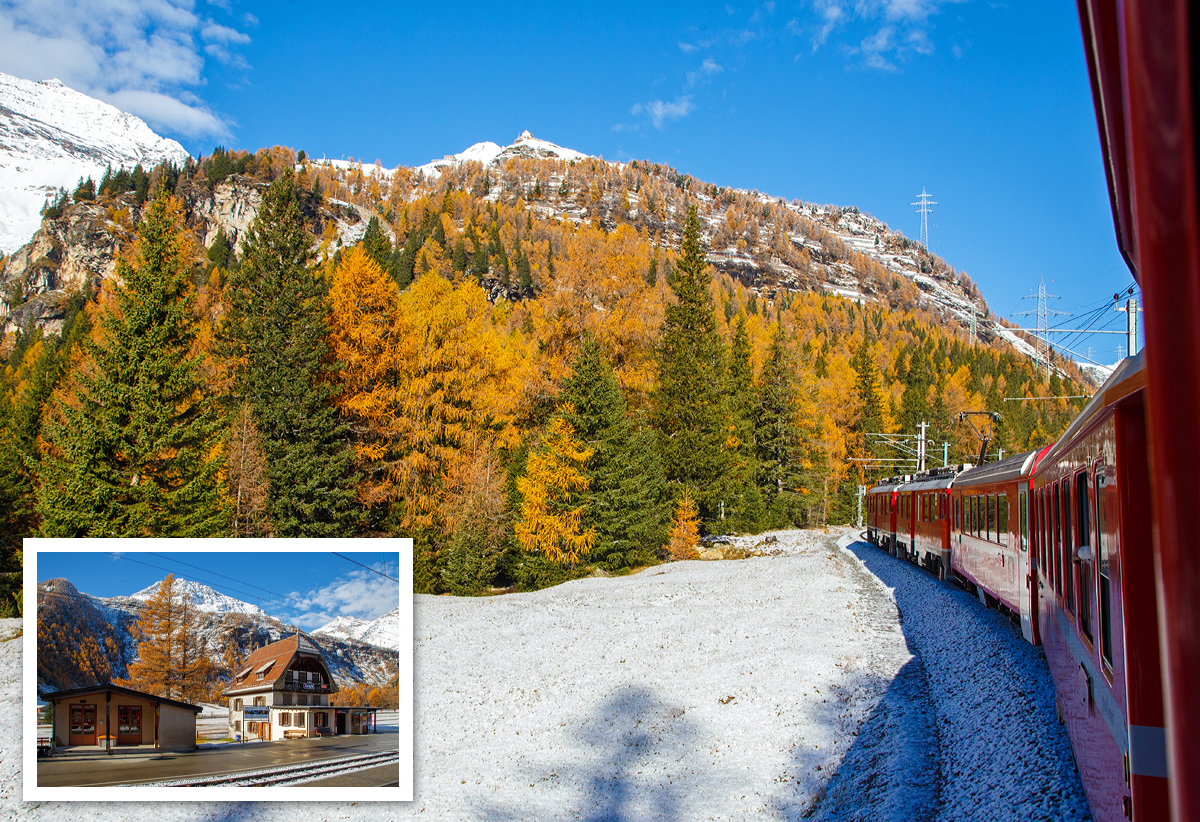 
Geführt von den beiden RhB ABe 4/4 III Triebwagen Nr. 53  Tirano  und Nr. 54  Hakone  fährt unser RhB Regionalzug von Tirano nach St. Moritz, am 04.11.2019 von Cavaglia nach Alp Grüm hinauf. Oben das Hotel Restaurant Belvedere Alp Grüm, links etwas tiefer die RhB Bahnstation Alp Grüm. 
In dem kleinen Bild: Die Haltestelle Cavaglia der Berninabahn, im Hintergrund das Berninamassiv.
