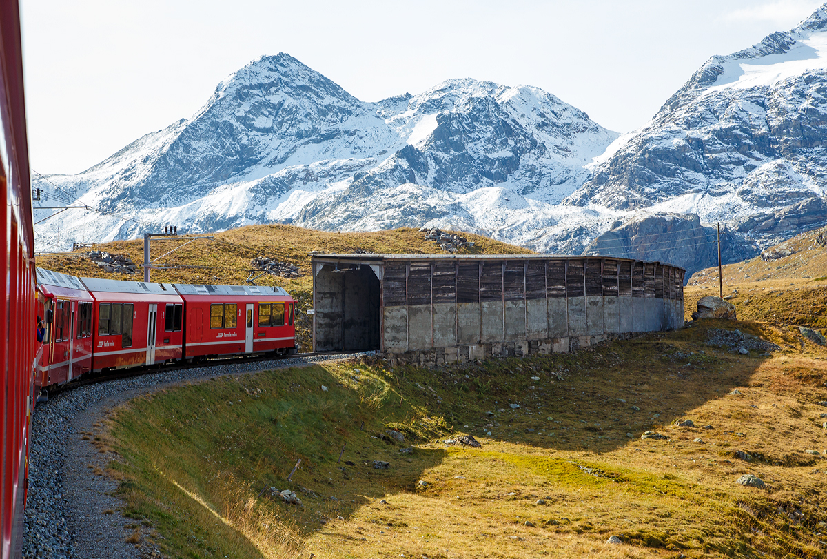 
Geführt von dem RhB ALLEGRA-Zweispannungstriebzug (RhB ABe 8/12) 3510  Alberto Giacometti  fährt unser RhB Regionalzug nach Tirano am 13.09.2017 in die 175m lange Arlas Galerie ein, und erreicht bald auch Ospizio Bernina (Bernina Hospiz).