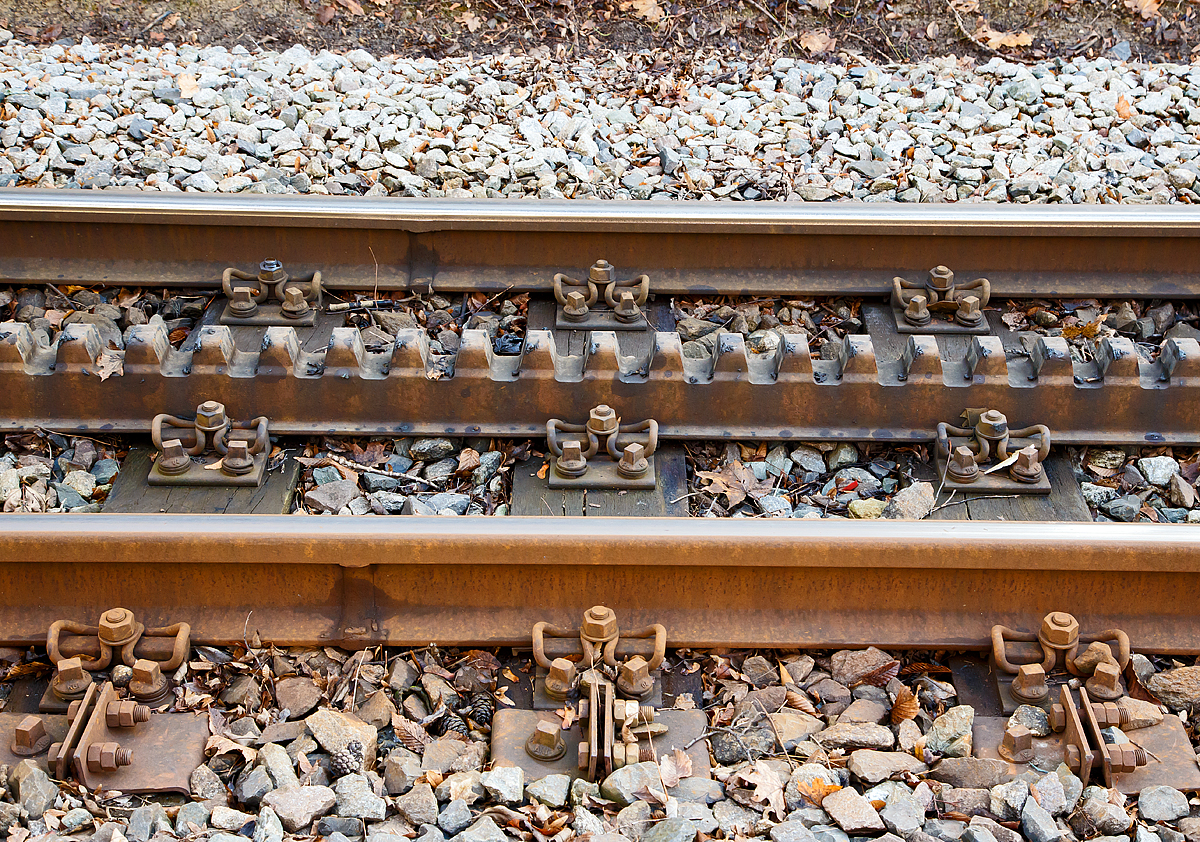 Gleis der Zahnradbahn Stuttgart hier am 27.12.2016 n�he N�gelestra�e. 

Das Gleis liegt auf Holzschwellen, die Schiene (S49) und die mittige Zahnstange (Vollschienenprofil mit ein gefr�sten Z�hnen), entspricht der Schweizer Bauart „von Roll“ (heute Tensol Rail SA), f�llt jedoch nach wie vor unter das System „Riggenbach“. 

Die Spurweite betr�gt 1.000 mm. Als Besonderheit besitzt die Stuttgarter Strecke eine tiefliegende Zahnstange, da sie urspr�nglich vorwiegend direkt im Stra�enplanum verlief, �hnlich einer Stra�enbahn. Somit liegt die Zahnstange nicht h�her als die Oberkante der Fahrschienen. Andere Zahnradbahnen weisen �blicherweise nach M�glichkeit hochliegende Zahnstange auf.
