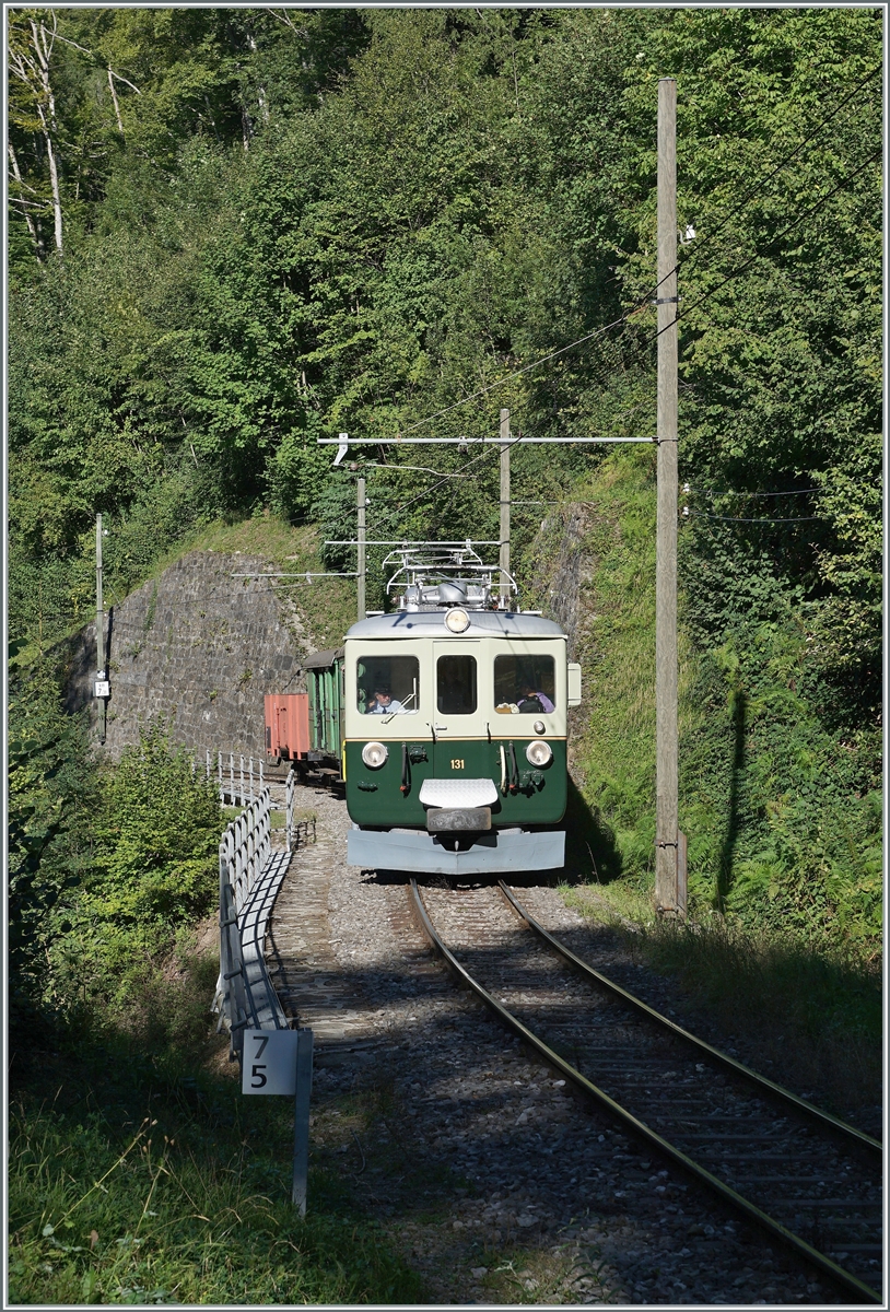  Il était une fois... les années 40 / Es war einmal: die 40er Jahre  - Die Schatten werden länger, der Tag neigt sich dem Ende zu als der GFM Historic Ce 4/4 131 mit seinem Zug durch die Baye de Clarens Schucht in Richtung Chaulin rollt. Einmal mehr bot die B-C ein faszinierenden Themenwochenende. Und trotz recht vieler Fotografen war durch rechtzeitige Verständigung das Fotografieren ein Freude. 

11. Sept. 2022