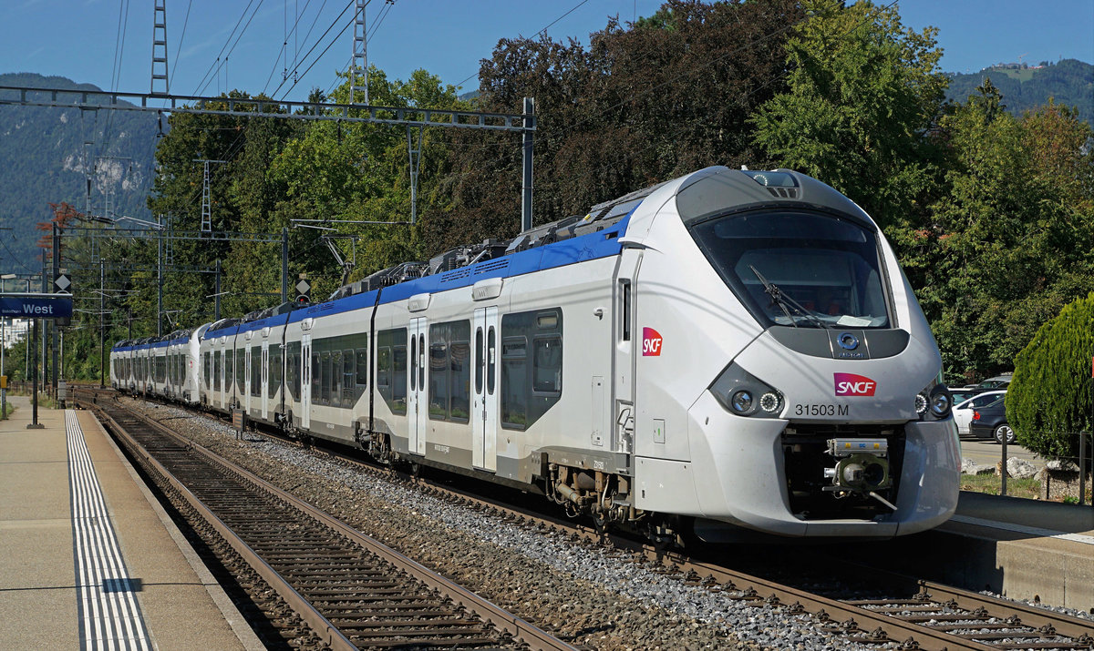 JAHRESR�CKBLICK 2018
von Walter Ruetsch
Serie Nr. 4
SNCF-Triebz�ge 31501/502 und 31504/503 auf Stromabnehmer-Messfahrt bei Solothurn-West am 11. September 2018.

