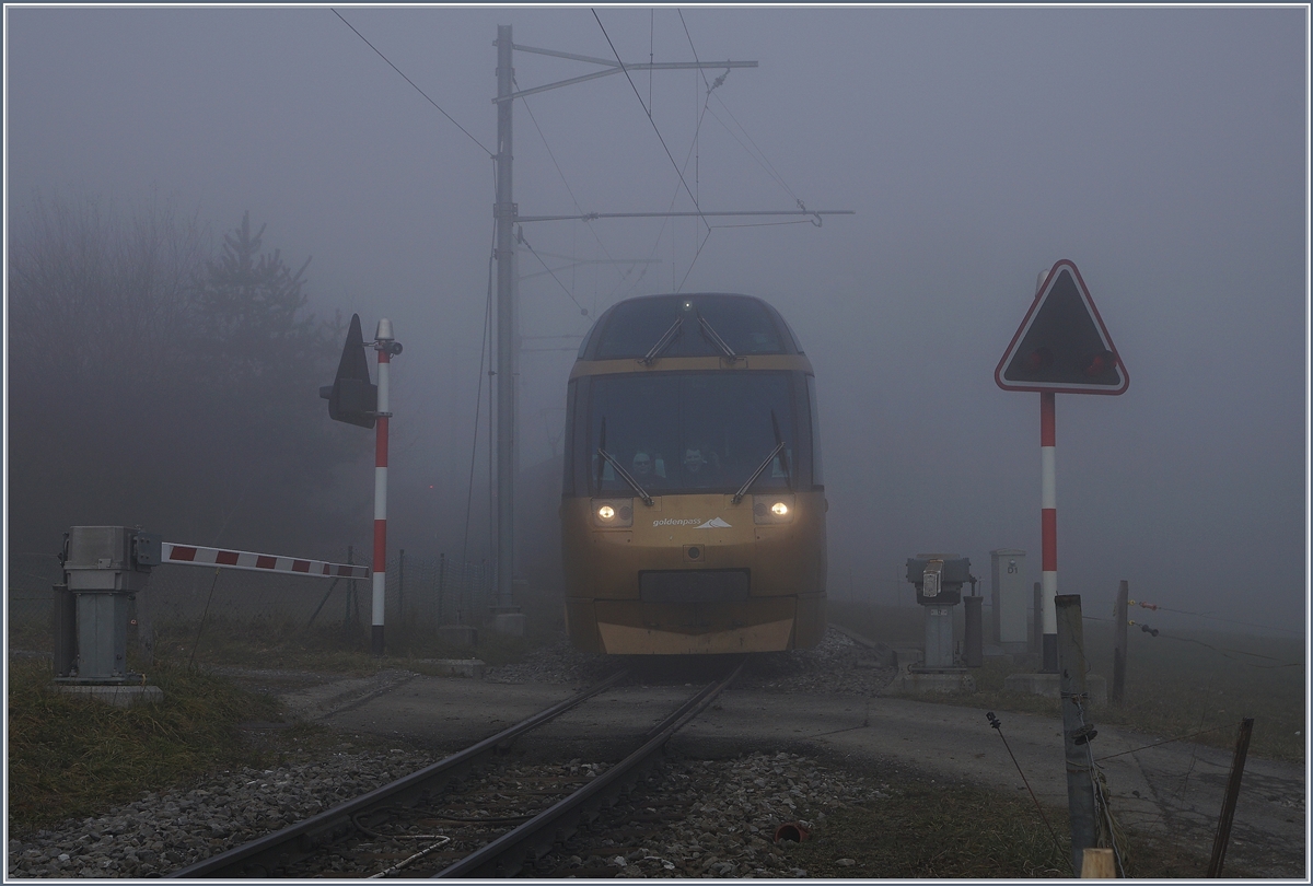 Kaum gute Aussichten genießen die Reisenden im MOB Panormaic bei Les Avants auf der Fahrt nach Montereux.
21. Dez. 2016