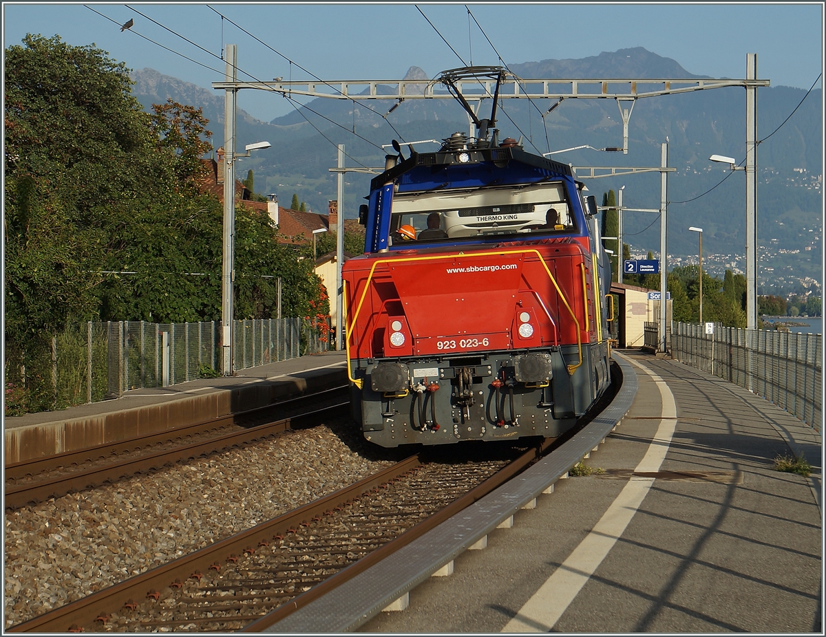Kleine Lok auf grosser Fahrt: die Eem 923 023-6 eilt mit einem Güterzug durch St-Saphorin.
31. August 2015