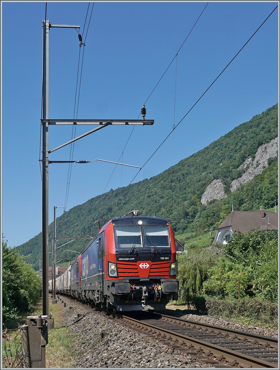 Kurz nach dem �bergang von Doppel- auf Einspur bei Ligerz konnte ich die 193 051 mit einer weiteren SBB Cargo 193 fotografieren. Der G�terzug ist auf dem Weg in Richtung Biel/Bienne. 

11. Juli 2025