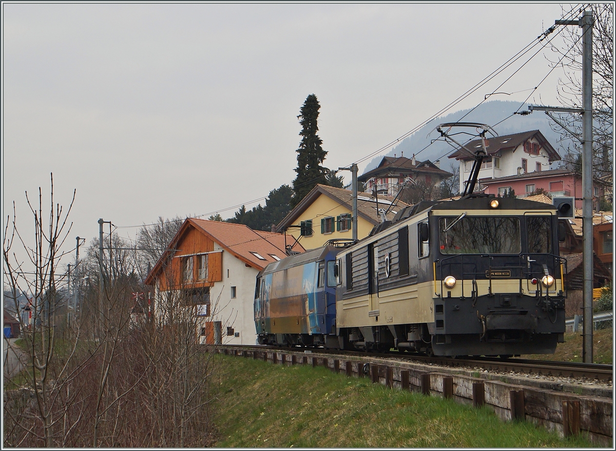 MOB GDe 4/4 und Ge 4/4 bei Les Planches. 
20. M�rz 2015