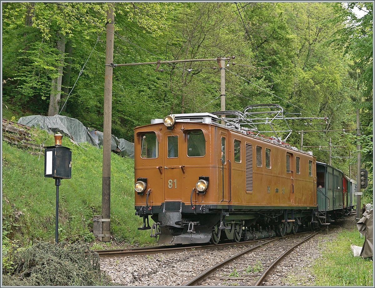 Nostalgie & Vapeur 2021  /  Nostalgie & Dampf 2021  - so das Thema des diesjährigen Pfingstfestivals der Blonay-Chamby Bahn. Die Bernina Bahn RhB Ge 4/4 81 der Blonay-Chamby Bahn schiebt ihren Zug nach Blonay in Chaulin hinter die Weiche um dann nach Blonay zu fahren. 

24. Mai 2021