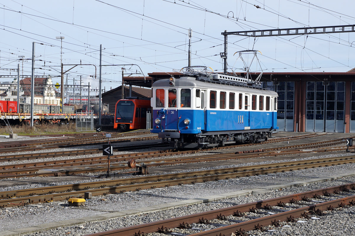 S'BLAUE BÄHNLI
Vom Regionalverkehr Bern Solothurn RBS
Impressionen der Sonderfahrt vom 8. Februar 2019.
BDe 4/4 36 steht in Solothurn vor dem RBS-Depot für die Sonderfahrt bereit.
Foto: Walter Ruetsch