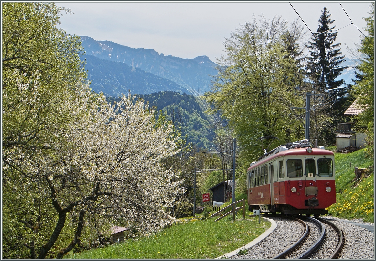 Steil bergab geht es f�r den BDeh 2/4 73 der heute f�r den Sch�lerzug Lally - Blonay eingeteilt ist.
11. Mai 2015 