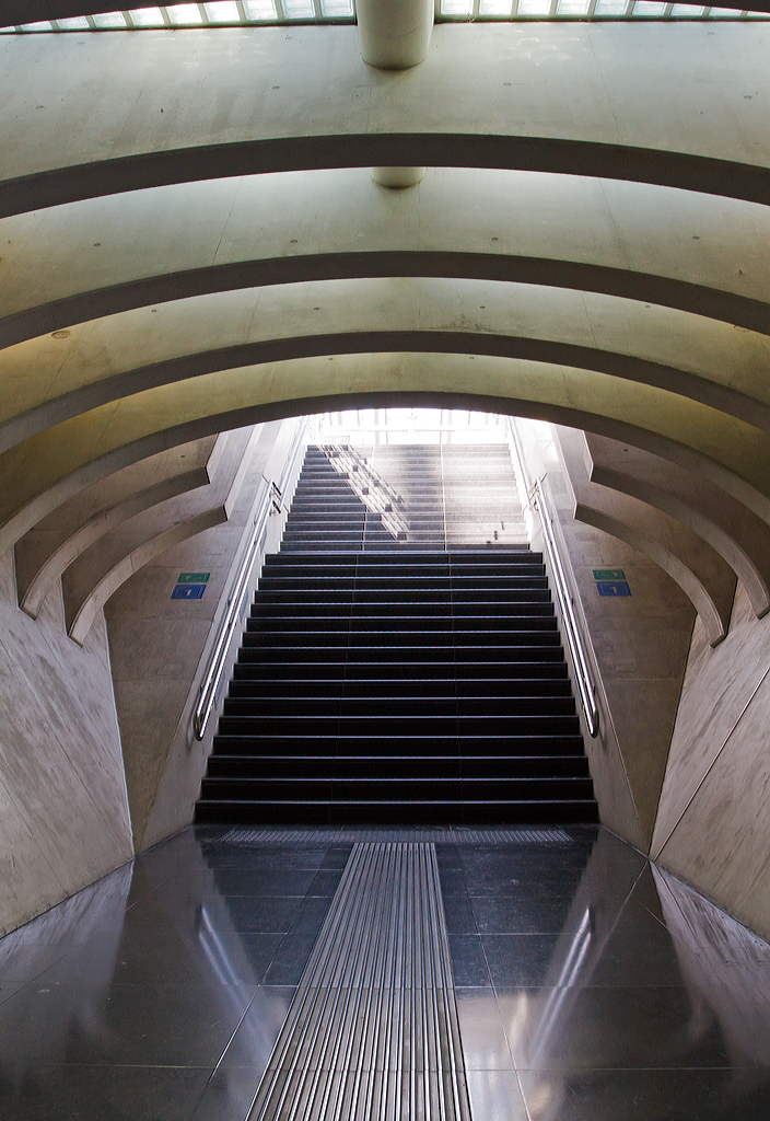 
Treppenaufgang zu den Bahnsteigen im Bahnhof Liège Guillemins (Bahnhof Lüttich-Guillemins) am 18.10.2014.