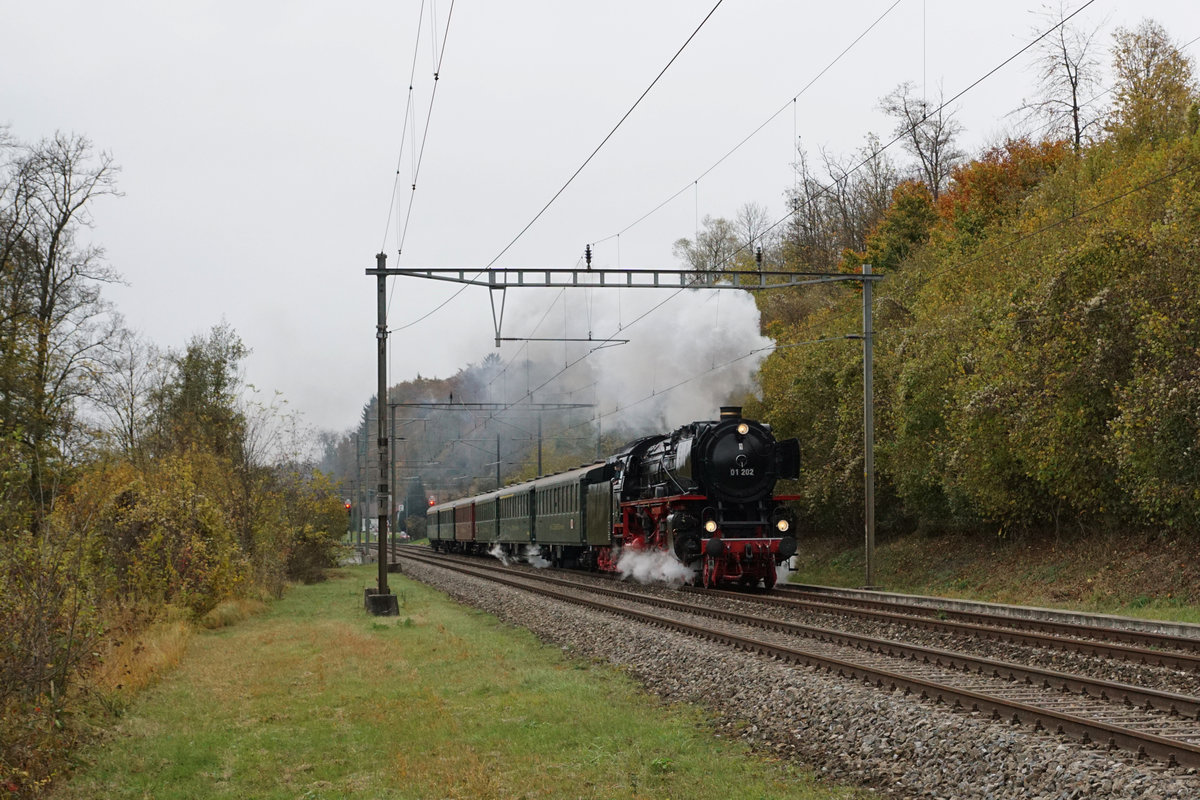 Verein Pacific 01 202.
Sonderfahrt Dampf im Spätherbst am Lac Léman vom 29. Oktober 2017.
01 202 auf der Fahrt von Biel nach Lausanne bei Busswil.
Foto: Walter Ruetsch