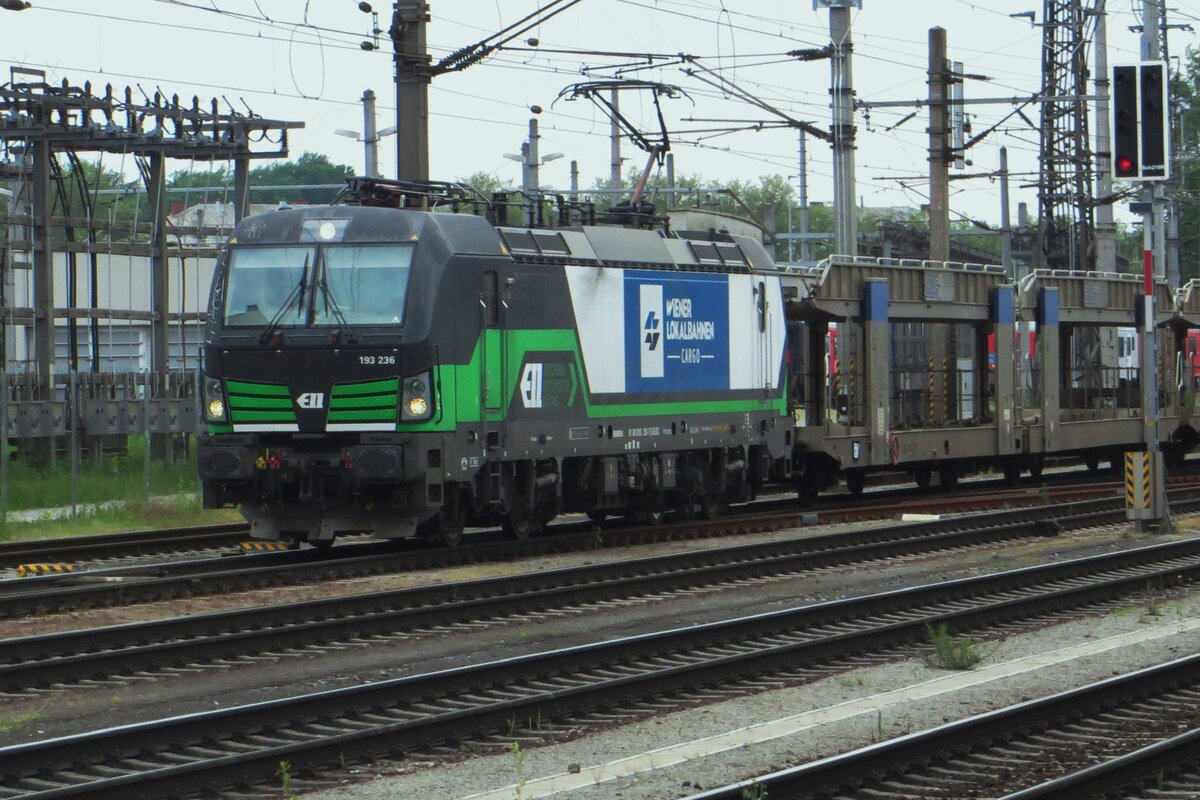 WLC 193 236 zieht ein leeren BLG-Autozug durch Linz Hbf am 20 Mai 2023.