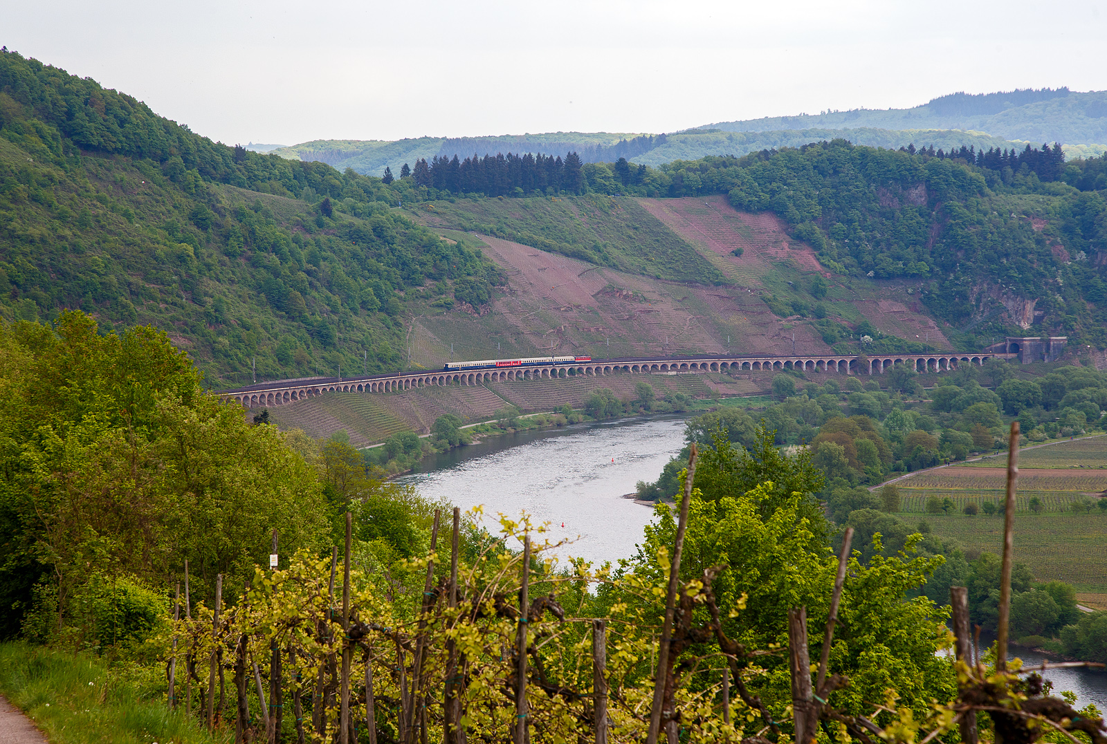 Dampfspektakel 2018 – Die „Hetzerather  1142 704-6 (A-CBB 91 81 1142 704-6) der Centralbahn AG fährt am 29.04.2018, mit ihrem Sonderzug (Trier - Wittlich – Koblenz) am 29.04.2018 auf dem Pündericher Hangviadukt in Richtung Koblenz.

Der 786 m lange Pündericher Hangviadukt auf der Moselstrecke gegenüber von Pünderich an der Mosel ist der längste Hangviadukt in Deutschland. Unmittelbar am nördlichen Ende des Viaduktes beginnt der Prinzenkopftunnel (hier rechts im Bild). Der Hangviadukt ist etwa zehn Meter hoch und weist 92 Bögen auf. Jeder der Bögen hat eine lichte Weite von 7,20 m, die Pfeiler sind 1,30 m stark. Die Brücke besteht aus Bruchsteinen aus einem nahegelegenen Steinbruch und Ziegelsteinen, die von Ziegeleien aus Merl und St. Wendel geliefert wurden. Insgesamt wurden 19.000 m3 Mauerwerk verbaut