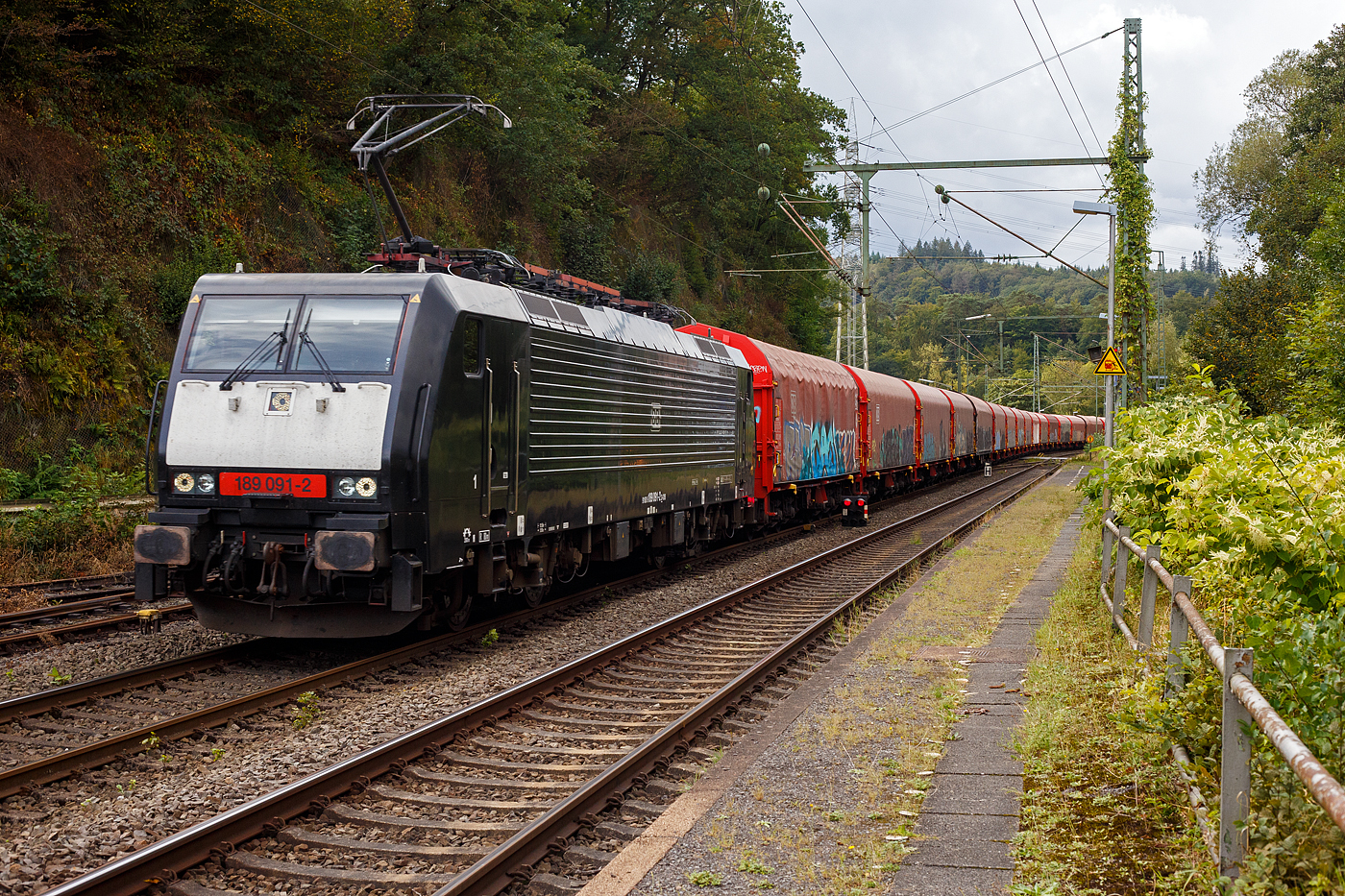 Die schwarze 189 091-2 (91 80 6189 091-2 D-DB, Class 189- VJ) der DB Cargo AG, MRCE Dispolok ES 64 F4-991, fährt am 11 September 2024, mit einem Coilzug (sechsachsigen Drehgestellflachwagen mit verschiebbarem Planenverdeck und Lademulden für Coils, der Gattung Sahimms-tu 900.2), durch den Bahnhof Scheuerfeld (Sieg) in Richtung Betzdorf bzw. Siegen.

Die SIEMENS EuroSprinter ES 64 F4 wurde 2005 von Siemens in München-Allach unter der Fabriknummer 21077 gebaut und in der Variante B, an die damalige Railion Deutschland AG ausgeliefert und war nur für Deutschland zugelassen. Im Jahr 2006 wurde sie an die MRCE Dispolok verkauft, wo sie die Bezeichnung ES 64 F4-991 (91 80 6189 091-2 D-DISPO) trug. 2008 wurde sie dann in die Variante J umgebaut und hat so nun die Zulassungen für Deutschland und die Niederlande. Unteranderem war sie an die ERSR, LTE, RRF und die SBB Cargo International AG vermietet. Im November  2021 wurde sie dann an die DB Cargo AG verkauft.

Die BR 189 (Siemens ES64F4) hat eine Vier-Stromsystem-Ausstattung, diese hier hat die Variante J (Class 189-VJ) und besitzt so die Zugbeeinflussungssysteme LZB/PZB, ETCS und ATB für den Einsatz in Deutschland und den Niederlanden.
Die Stromabnehmerbestückung ist folgende:
Pos. 1: D, NL (AC)
Pos. 2: NL (DC)
Pos. 3: NL (DC)
Pos. 4: D, NL (AC)