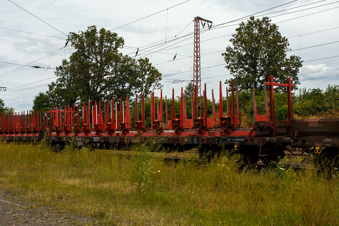Leerer vierachsiger Drehgestell-Flachwagen mit speziellem Ladegestell mit verstellbaren Rungen für Drahtrollen, 31 80 3911 500-7  D-DB der Gattung Rs-y 667, der DB Cargo Deutschland AG, am 19 Juli 2024 im Zugverband bei einer Zugdurchfahrt durch Rudersdorf (Kreis Siegen). 

Die zur Aufarbeitung nach 25 Jahren Einsatzzeit anstehenden Res 687 standen auch für den Umbau zu Rs-y 667 bereit. Die Wagen sind bereits seit Beginn ihres Einsatzes unter anderem für den Transport von Drahtrollen im Einsatz. Einerseits um den Ladevorgang zu optimieren und andererseits die Ladungssicherung zu erhöhen, sind mehrere Versuche mit Gestellen für Stahldrahtrollen durchgeführt worden. Zuerst wird im Jahre 2003 im DB Werk Paderborn ein Schiebeplanen-Wagen der Gattung Rilns 654 mit solchen Gestellen zu einem Ril(n)s-y 649 umgerüstet, 2004 entsteht der Rs-y 667 durch Umbau aus Res 687, ebenfalls in Paderborn. Es ist eine Serie von 300 Wagen geplant. Die Bordwände und Drehrungen wurden entfernt, hohe Stirnrungen und ein Ladegestell mit 12 verschiebbaren Doppelrungenpaaren wurden als ein festes Element auf dem Wagenboden verankert. Das zulässige Zuladungsgewicht vermindert sich dadurch um etwa 3 Tonnen.

Der Wagen ist für den Transport von Drahtrollen bestimmt. Bei dem Umbau wurde der Wagen mit einem Ladegestell zur doppellagigen Aufnahme von Drahtrollen ausgerüstet. Es gibt wie hier die offene Bauart Rs-y 667, aber auch eine geschlossene Bauart (mit verschiebbarem Planenverdeck), die mit speziellen Ladegestellen für die gesattelte Verladung von Drahtrollen mit einer max. Breite von 2,00 m und einem max. Durchmesser von 1,25 m ausgerüstet. Die Ladegestelle verfügen über jeweils13 holzverkleidete Mulden, die die untere Lage der Drahtrollen aufnehmen. Weitere 12 Rollen können gesattelt auf der ersten Lage verladen werden. In Querrichtung wird die Ladung durch12 individuell von Hand verschiebbare Doppelrungenpaare gesichert. Die seitlichen Rungen – jeweils 2 Rungen sind gemeinsam auf einem Führungsschlitten befestigt – sind manuell quer zur Fahrzeuglängsachse entsprechend der Ladegutbreite positionierbar. An den Stirnseiten ist der Wagen mit hohen Stirnwandrungen zur Ladungssicherung ausgestattet. Ein Teil der Wagen ist mit einer vom Boden aus bedienbaren Feststellbremse ausgerüstet.

TECHNISCHE DATEN:
Spurweite: 1.435 mm (Normalspur)
Anzahl der Achsen: 4 in 2 Drehgestellen
Länge über Puffer: 19.900 mm
Drehzapfenabstand: 14.860 mm
Achsabstand in den Drehgestellen: 1.800 mm
Eigengewicht: 26.700 kg
Höhe Fußboden: 1.238mm
Maximale Ladegewicht: 53 t (ab Streckenklasse C)
Höchstgeschwindigkeit: 100 km/h (beladen) / 120 km/h (leer)
Kleinster befahrbarer Gleisbogenhalbmesser: R 35 m
Bremse: KE-GP (LL)
Bremssohle: IB 116
Intern. Verwendungsfähigkeit: RIV