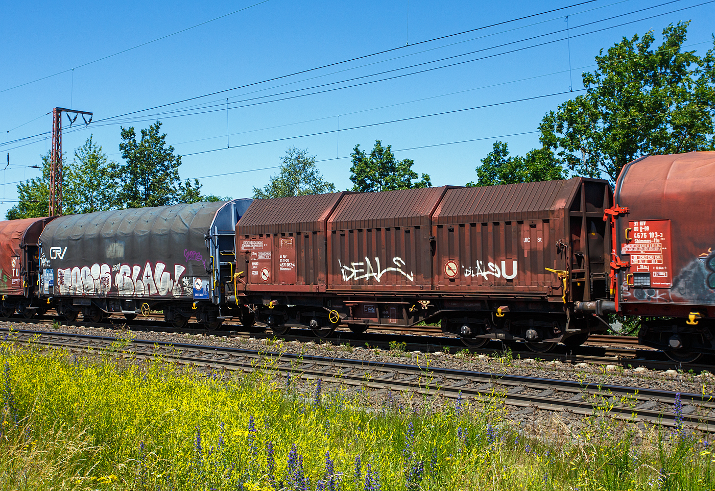 Vierachsiger Drehgestell-Flachwagen mit verschiebbaren Teleskophauben f�r Coiltransporte, 31 80 4671 082-4 D-DB, der Gattung Shimmns-u 708, der DB Cargo AG, am 28 Juni 2024 im Zugverband bei der Durchfahrt in Rudersdorf (Kreis Siegen).

Der Wagen eignet sich speziell f�r den Transport witterungsempfindlicher Blechrollen. Er besitzt feste Stirnw�nde, 5 fest im Untergestell eingebaute Lademulden und drei teleskopartig angeordnete Hauben, die sich zu beiden Wagenenden hin soweit durch Ineinanderschieben �ffnen lassen, dass jeweils 2/3 des Wagens freigelegt werden kann. Hierdurch ist eine einfache Beladung des Wagens sowohl von oben als auch von der Seite aus m�glich. Der Wagen darf nur mit geschlossenen und verriegelten Hauben verkehren.

Das Untergestell und die festen Stirnw�nde, die als Abkantrahmenkonstruktion mit Blechbekleidung und hutf�rmigen Verst�rkungsprofilen ausgef�hrt sind, sowie die fest auf den Au�enlangtr�gern angeordneten drei Laufschienen je Wagenseite bilden den als Schwei�konstruktion ausgef�hrten Wagenkasten. Das Untergestell mit seinen beiden kr�ftigen Au�enlangtr�gern besteht aus Walz- und Abkantprofilen. Die Untergestellenden bestehen aus den Hauptquertr�gern, den AK-Tr�gern und den Kopfst�cken. Die sattelf�rmig angeordneten, jeweils mit den Au�enlangtr�gern verschwei�ten Quertr�ger bilden zusammen mit 6 mm dicken Muldenblechen die Lademulden.

Die teleskopartig ineinander verschiebbaren Stahlhauben bestehen aus einer Hohlprofil-Rahmenkonstruktion und einer mit Sicken versehenen Beblechung. Die Abdichtung der Hauben untereinander und zu den Stirnw�nden hin erfolgt �ber labyrinthartig ausgef�hrten Umrandungsprofilen. Die Endhauben verriegeln in geschlossener Stellung automatisch. Das Entriegeln der Hauben ist sowohl vom Erdboden wie auch von der Rampe m�glich. Die beidseitig an jeder Stirnwand angeordneten Verriegelungseinrichtungen sind durch Wellen miteinander verbunden. Hierdurch ist das Entriegeln von nur einer Wagenseite aus m�glich. Jede Haube l�uft auf 4 jeweils und mit Abhebesicherungen versehenen Laufwagen mit nadelgelagerten Doppelrollen.

Die Wagen der Bauart Shimmns 708 sind mit 12 verstellbaren Festlegearmen ausger�stet, die in fest auf den Muldenkappen angeordneten kammartig ausgef�hrten Halterungen gelagert sind. Die Festlegearme und ihre Anordnung ergeben einen wirksamen Schutz gegen unzul�ssiges seitliches Verschieben der Coils.

Um unzul�ssige Radlastabweichungen auszuschlie�en, ist eine m�glichst mittige Verladung der Coils erforderlich. Ein durch alle Mulden in Wagenmitte verlaufender wei�er Farbstreifen dient hierzu als Orientierungshilfe.

TECHNISCHE DATEN:
Erstes Lieferjahr der  �ltesten Wagen:1978
Spurweite: 1.435 mm
Achsanzahl: 4 (in 2 Drehgestelle)
L�nge �ber Puffer: 12.040 mm
L�nge der Ladefl�che: 10.800 mm
Ladebreite (Mulden): 2.400 mm
Drehzapfenabstand: 7.000 mm
Achsabstand im Drehgestell: 1.800 mm
Laufraddurchmesser: 920 mm (neu)
Eigengewicht:  22.750 kg
H�chstgeschwindigkeit: 100  km/h (beladen) / 120 km/h (leer)
Maximales Ladegewicht: 67,0 t (ab Streckenklasse D4) / 61,0 t bei DB ab CM3
Kleinster bef. Gleisbogenradius: 35 m
Bauart der Bremse: KE-GP (LL)
Bremssohle: IB 116
Handbremse: Ja
Intern. Verwendungsf�higkeit: RIV