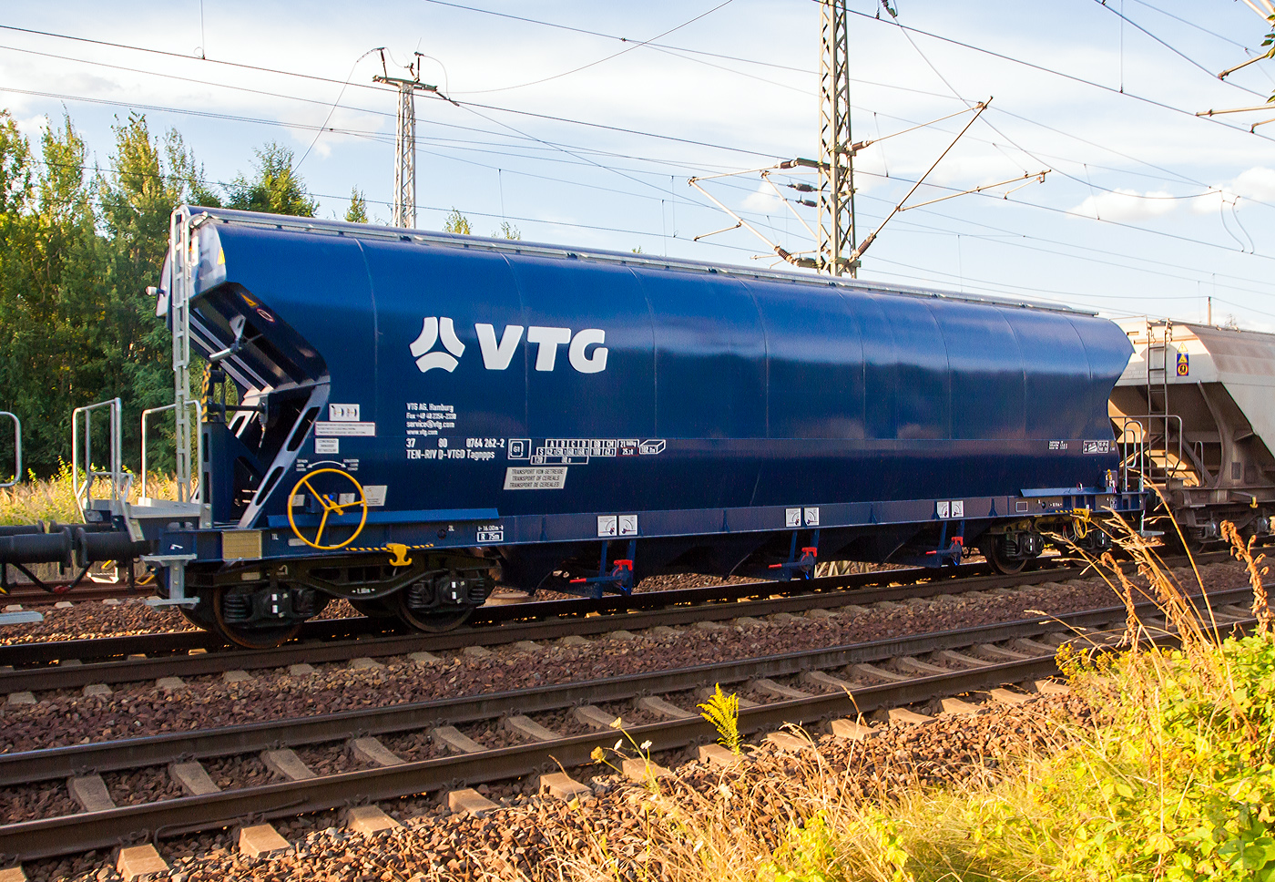 Vierachsiger gedeckter Drehgestell-Schwerkraftentladung für Getreide bzw. gedeckter 102 m³ Trichtermittenentladewagen, 37 80 0764 262-2 D-VTGD, der Gattung Tagnpps (VTG-Typ H45.102D) der VTG AG (Hamburg) am 26 August 2013 im Zugverband bei der Durchfahrt in Pirna.

Diese Wagen haben ein Hub-Schwenkdach und besitzen drei Auslauftrichter zur dosierbareren Schwerkraftentladung. Die Getreidewagen sind ausschließlich für den Transport von Getreide (Cereales) bestimmt. Entleeröffnungen mittels Rundschieber verschlossen, paarweise manuell betätigt über Hebel an jeder Wagenseite.

Die Wagen sind überwiegend aus Stahl (S355J2+N) gefertigt, im unteren Teil sind die Trichter und Rundschieber aus Edelstahl (1.4301) gefertigt. Die Behälter sind mit Hempadur Multi-Strength 35530 beschichtet/ausgekleidet. Das Dach ist als 
feuchtigkeitsdichtes Hubschwenkdach mit flurbedienbarer Handbetätigung ausgeführt. Bei geöffnetem Dach ist die Beladeöffnung 13.700 mm x 600 mm groß. 

TECHNISCHE DATEN:
Spurweite: 1.435 mm (Normalspur)
Länge über Puffer: 16.000 mm
Drehzapfenabstand: 10.960 mm
Achsabstand im Drehgestell: 1.800 mm
Höhe über SOK: 4.300 mm
Eigengewicht: 21.860 kg
Höchstgeschwindigkeit: 100 km/h (beladen) / 120 km/h (leer)
Maximales Ladegewicht: 68,1 t (Streckenklasse D oder höher) / bei DB CM 62,1 t
Kleinster bef. Gleisbogenradius: 75 m
Rauminhalt: 102 m³
Bremse: KE-GP-A (K)
Bremssohle: C 810
Intern. Verwendungsfähigkeit: RIV / TEN-GE1

Die Bedeutung der Gattungs- und Kennbuchstaben (hier Tagnpps):
T - Wagen mit öffnungsfähigem Dach 
a - mit vier Radsätzen
g - für Getreide
n - mit vier Radsätzen höchste Lastgrenze über 60 t
pp - mit Schwerkraftentladung, dosierbar, mittig, tiefliegend
s - Höchstgeschwindigkeit 100 km/h (beladen)