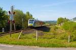   Der VT 123 der vectus Verkehrsgesellschaft mbH, ein Stadler GTW 2/6, fährt am 05.05.2013 als RB 28  Oberwesterwald-Bahn  die Verbindung  Au/Sieg - Altenkirchen - Hachenburg - Westerburg -