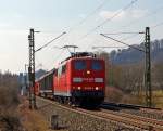Die 151 088-2 der DB Schenker Rail zieht am 28.03.2013, hier kurz vor Dillenburg, einen gemischten G�terzug �ber die Dillstrecke (KBS 445 bei km 127,6) in Richtung Siegen.