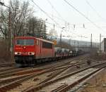 155 070-6 der DB Schencker Rail bringt einem gemischten G�terzug aus Richtung Hagen hier 10.03.2012 kurz vom Bf Kreuztal.