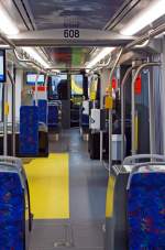 Innenraumansicht vom Triebwagen 608 der Rostocker  Stra�enbahn AG, ein f�nfteiliger Vossloh Kiepe Tramlink 6N2, pr�sentiert auf der InnoTrans 2014 in Berlin (26.09.2014).