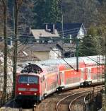111 079-0 mit dem RE 9 (Rhein-Sieg-Express) Siegen-K�ln-Aachen, am Schlu� ist Schublok 111 080-8, hier am 01.04.2012 kurz vor der Einfahrt in den Bf.