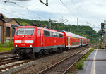   Einfahrt der 111 115-2 (91 80 6111 115-2 D-DB) der DB Regio NRW mit RE 9   rsx / Rhein-Sieg-Express  (Aachen-Köln-Siegen), in den Bahnhof Betzdorf/Sieg.