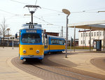   Der Triebwagen 508 der Th�ringerwaldbahn und Stra�enbahn Gotha GmbH (TWSB), ein Duewag-Gelenkwagen vom Typ GT8-NF, f�hrt am 30.04.2016 von der Station Hauptbahnhof Gotha, als Linie 4