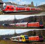   Bahnhof Brachbach/Sieg am 30.03.2019 (von oben nach unten):    Geschoben von der 146 006-2 erreicht der RE 9 (Siegen – K�ln - Aachen) Steuerwagenvoraus den Bahnhof;    Nur am Zug war irgendein