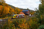 Herbst im Hellertal, der VT 205 ABp (95 80 0640 105-2 D-HEB), in Alstom Coradia LINT 27 der HLB (Hessische Landesbahn) / 3LänderBahn, verlässt am 14 Oktober 2025, als RB 96