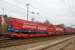 6-achsiger Gelenk-Taschenwagen 31 80 4955 497-1 TEN D-DB der Gattung Sdggmrs 738.1, der DB Schenker Rail Deutschland AG hier mit Stattelauflieger der Spedition Winner, am 12.03.2016 bei der
