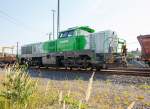 Die an die SLG Spitzke Logistik GmbH vermietete und der Vossloh Locomotives GmbH geh�rende G 18 (92 80 4180 001-4 D-VL) im am 12.09.2015, mit einem  Langschienenzug, beim ICE-Bahnhof Montabaur