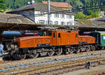 Das SBB Gotthard Krokodil Ce 6/8 II 14253 (eigentlich Be 6/8 II 13253) der SBB Historic am 02.08.2019 mit einem Sonderzug im Bahnhof Göschenen.