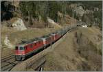 Gleich drei Re 4/4 II/III mit einem Güterzug (Stahl aus Luxembourg?) kurz vor der Obern Entschgtal-Galerie.