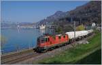Die SBB Cargo Re 420 277-5 ist mit ihrem G�terzug bei Villeneuve vor der Kulisse des Ch�teau de Chillon Richtung Wallis unterwegs.