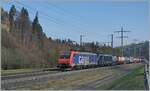 Die SBB Re 474 016 und eine weitere Lok dieses Typs sind bei M�lenen mit einem G�terzug Richtung S�den unterwegs.

14. April 2021