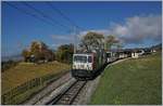 Eine MOB GDe 4/4 mit einem MOB GoldenPass Panoramic bei Châtelard VD.