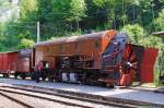 Selbstfahrende Dampfschneeschleuder R 1052 (ex Berninabahn R 1052, ex RhB R 14, ex RhB  Xrot d 9214), der Museumsbahn Blonay-Chamby,hier am 27.05.2012 auf dem Museums-Areal der (BC) in Chaulin.