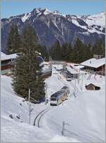 Währen der Be 4/6 nach der Grütschalp sich dem Bahnhof von Winteregg nähert, wartet dort schon der Gegenzug nach Mürren.