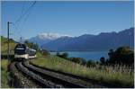 Während ein CEV /MVR ABeh 2/6 im Vorortsverkehr Planchamp erreicht, zeigen sich die Spitzen der Dents de Midi etwas verhalten hinter kleine Wolken.