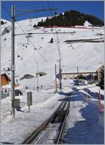 Zwei MGB  Orion  mit dem ABeh 8/12 310 an der Spitze sind weit oberhalb von Andermatt auf dem Weg in Ursenental. Der Zug ist als R 45 839 von Disentis (ab 13:14) nach Andermatt (an 14:22) unterwegs. 

21. Januar 2025
